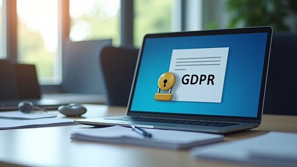 Birojauks ar datoru ekrānu, kurā redzams GDPR dokuments un drošības noslēpums uz galda